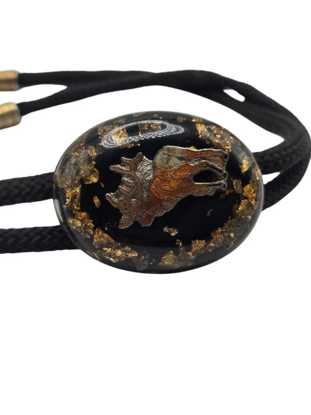 Vintage Elk Bolo Tie Cowboy Western Wear Black Gold Flakes Necktie Necklace
